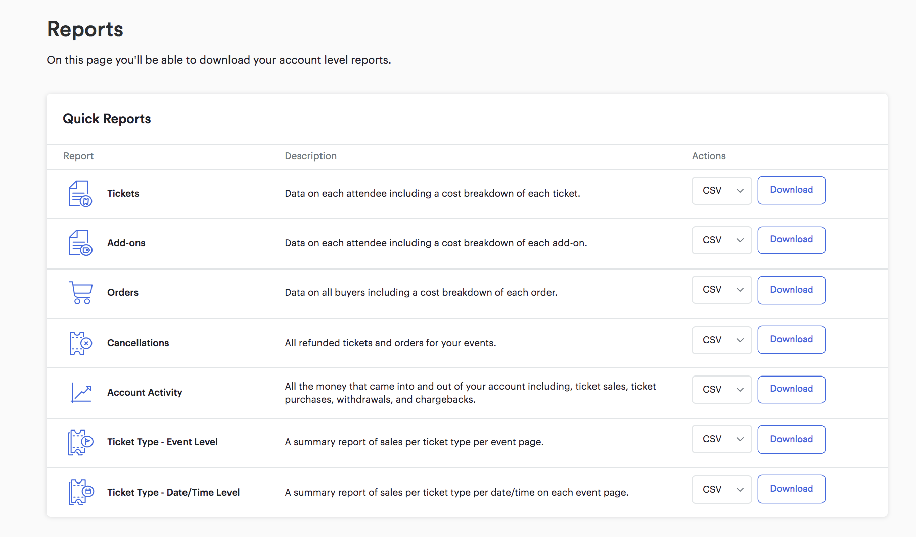 Download your reports – Universe Help Center